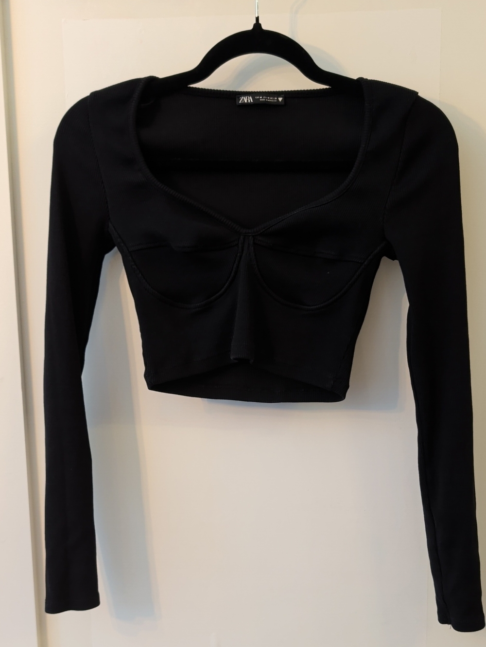 Zara Long Sleeve Bustier Cropped Shirt Size M - Black Crop Top